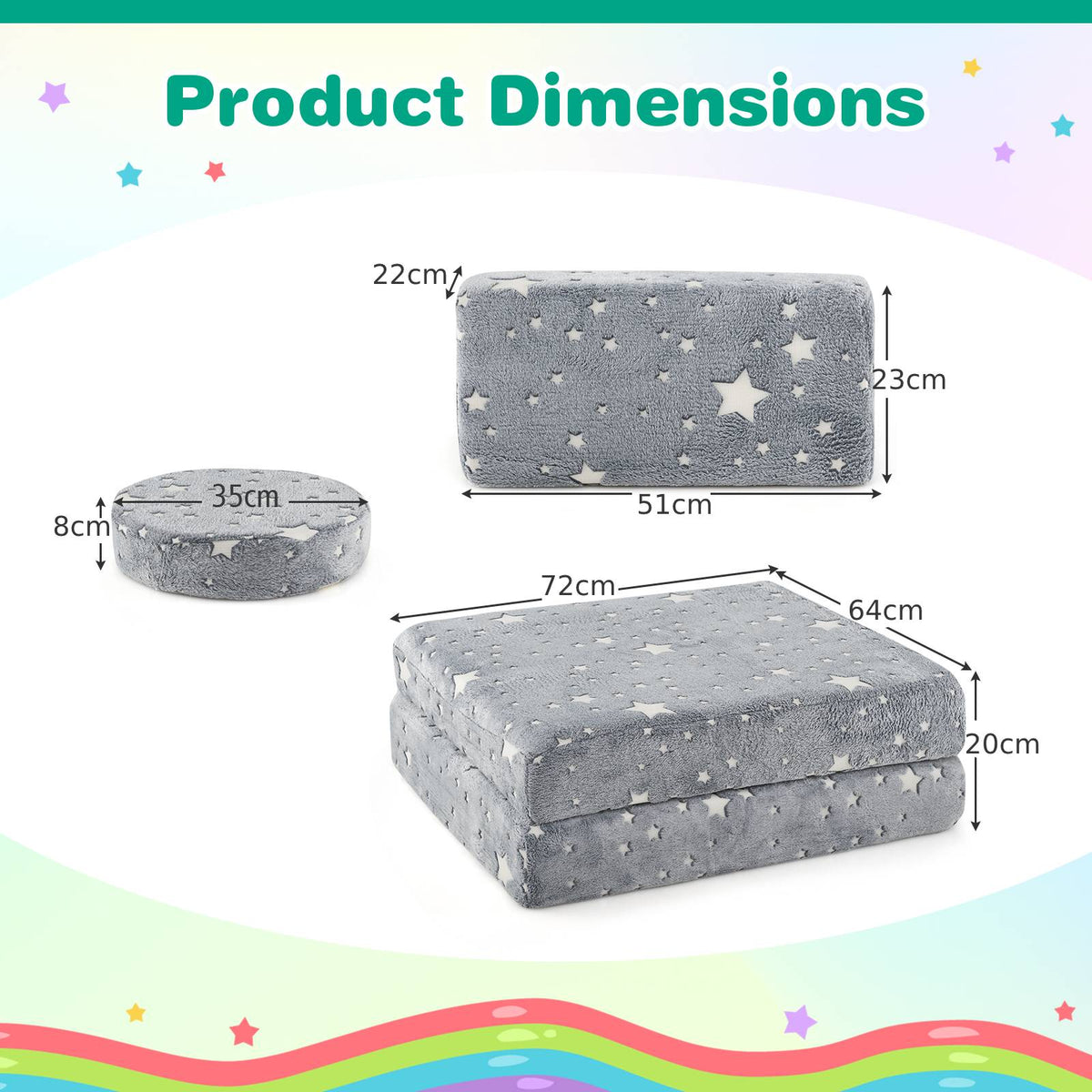 Glow in the Dark Modular Kids Play Couch Set with Machine-washable Flannel Covers and Portable Handles-Grey