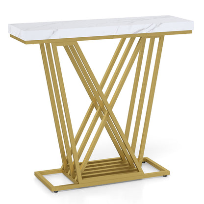 Gold Console Table Modern Sofa Table with Faux Marble Rectangular Tabletop-White