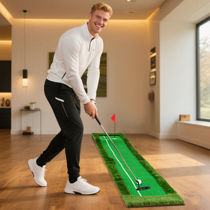 A man is practising golf indoors in a living room setting