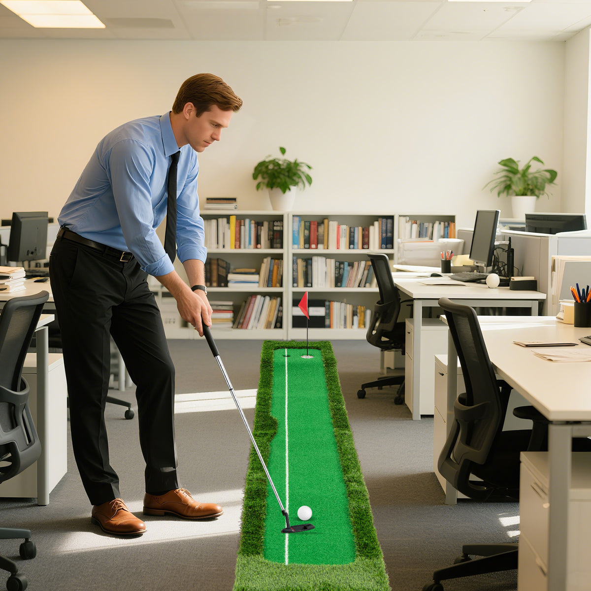 A man is practising golf in an office environment