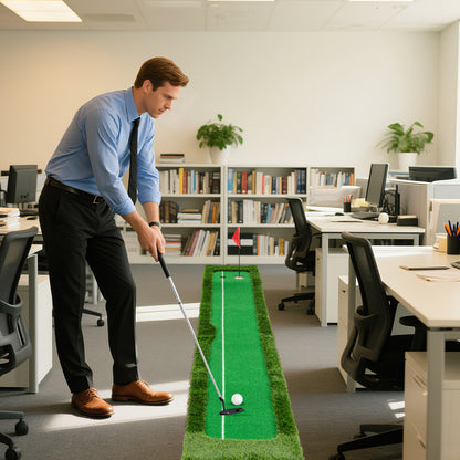 A man is practising golf in an office environment