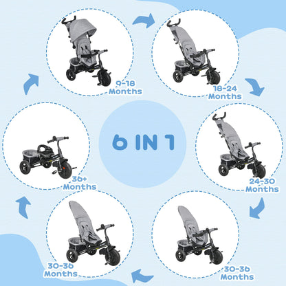 HOMCOM 6 in 1 Kids Trike with Parent Handle, Canopy, 5-point Safety Belt, Storage, Footrest, Brake, for 1-5 Years, Grey