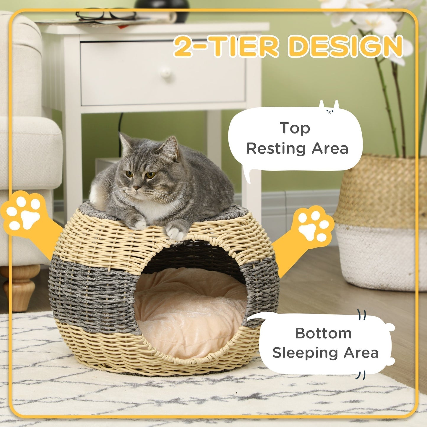 PawHut Wicker Cat House, Rattan Raised Cat Bed, Cosy Kitten Cave with Soft Washable Cushion, a40 x 30cm