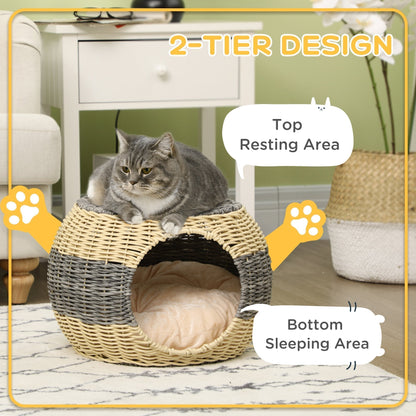PawHut Wicker Cat House, Rattan Raised Cat Bed, Cosy Kitten Cave with Soft Washable Cushion, a40 x 30cm