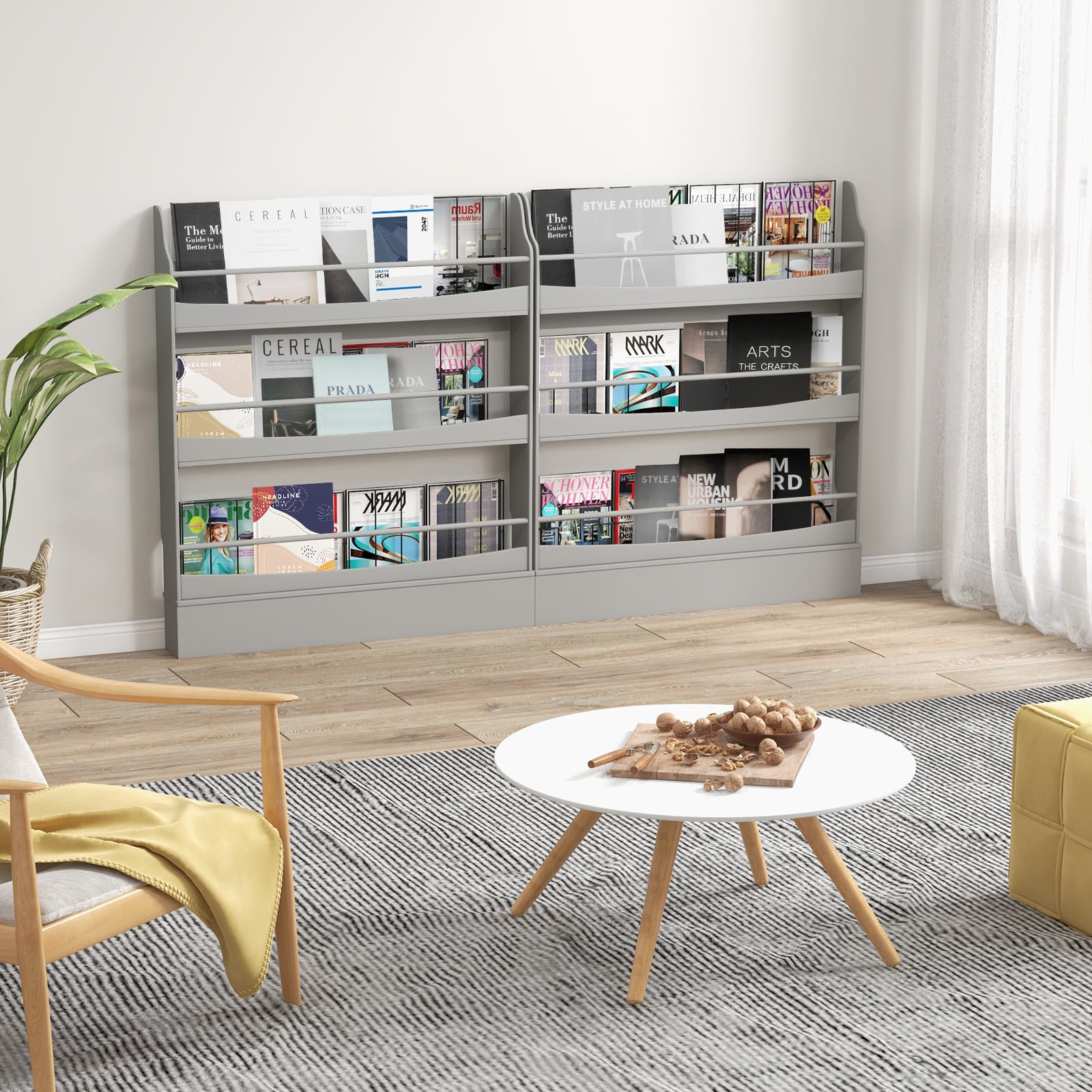 3-Tier Standing Bookshelf with 2 Anti-Tipping Kits and Guardrails-Grey