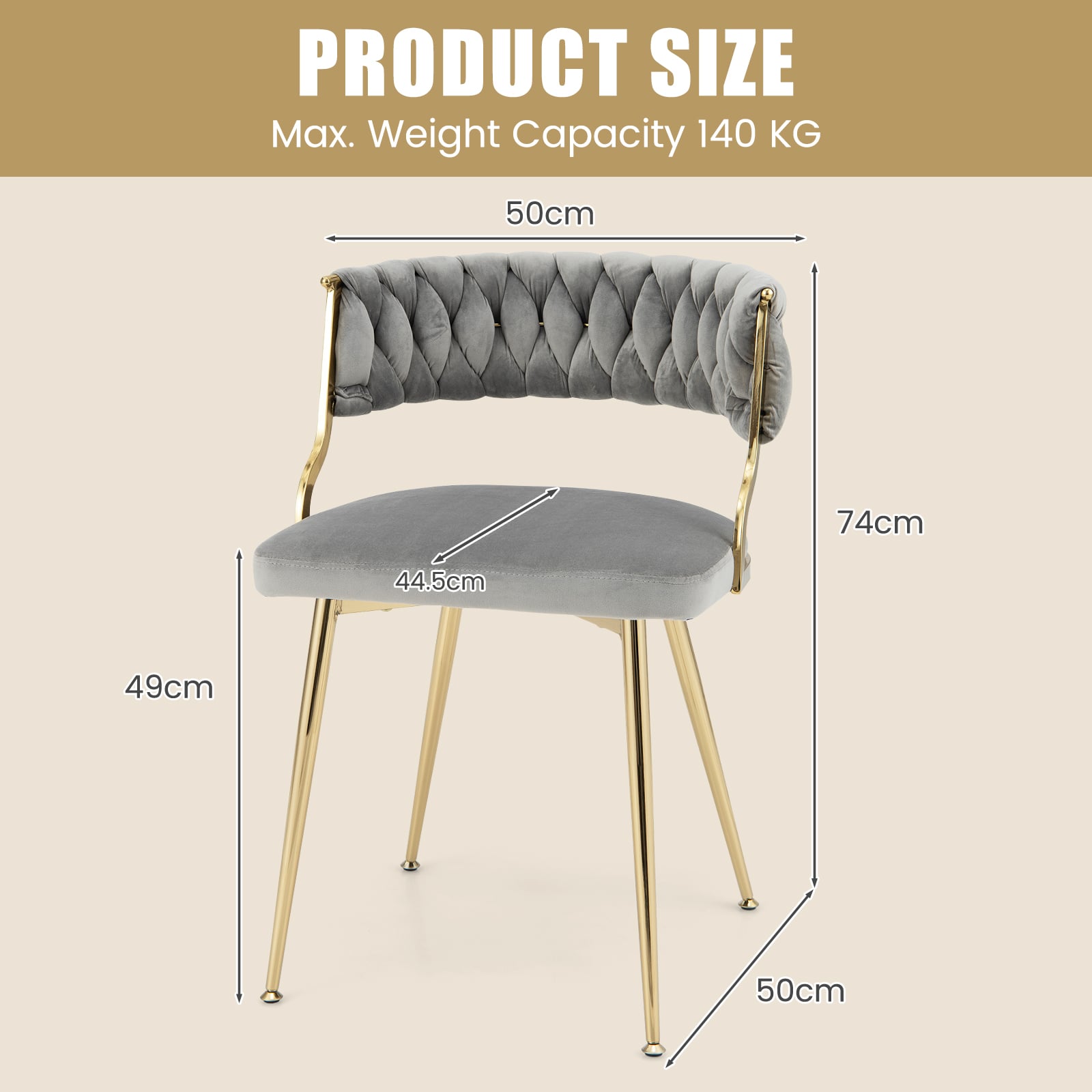 Set of 2 Velvet Dining Chair with Metal Legs and Woven Back-Grey