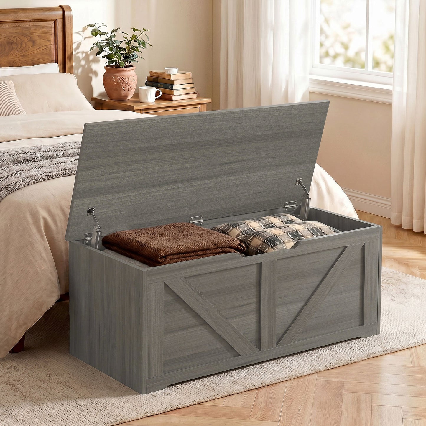 HOMCOM 127L Home Storage Box, with Safety Hinges - Dark Grey Wood-Effect