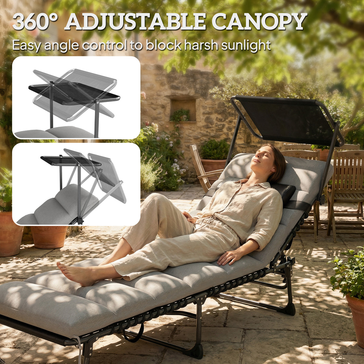 Outsunny Folding Sun Lounger with Canopy in Light Grey
