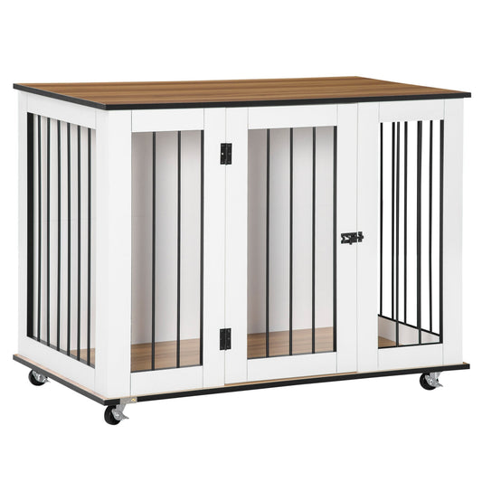 PawHut Dog Crate Furniture, Dog Cage End Table, with Wheels, for Large Dogs, 106 x 60 x 82 cm - White
