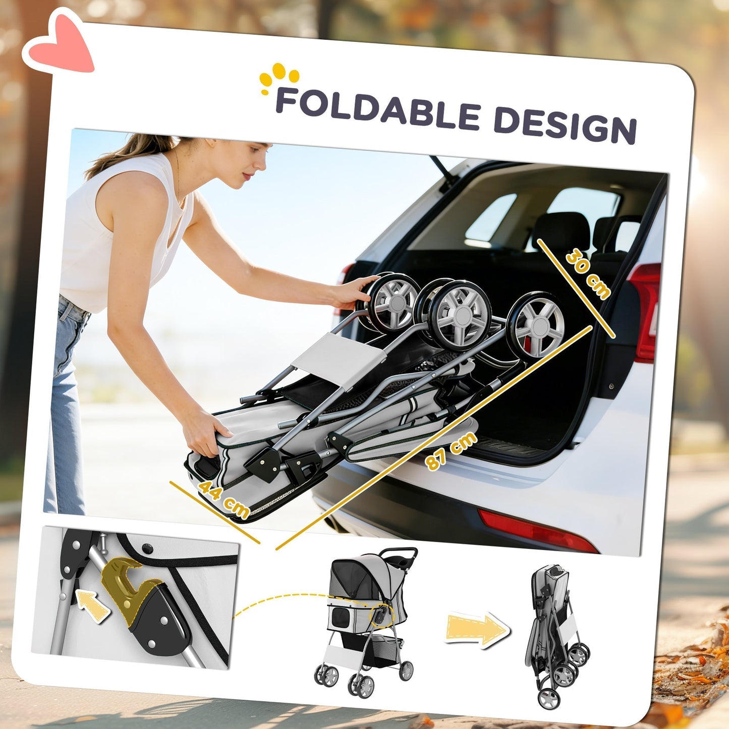 PawHut Dog Pram, Pet Stroller with Reflective Strips, Foldable Cat Stroller with 360 degrees Swivel Wheels, Grey