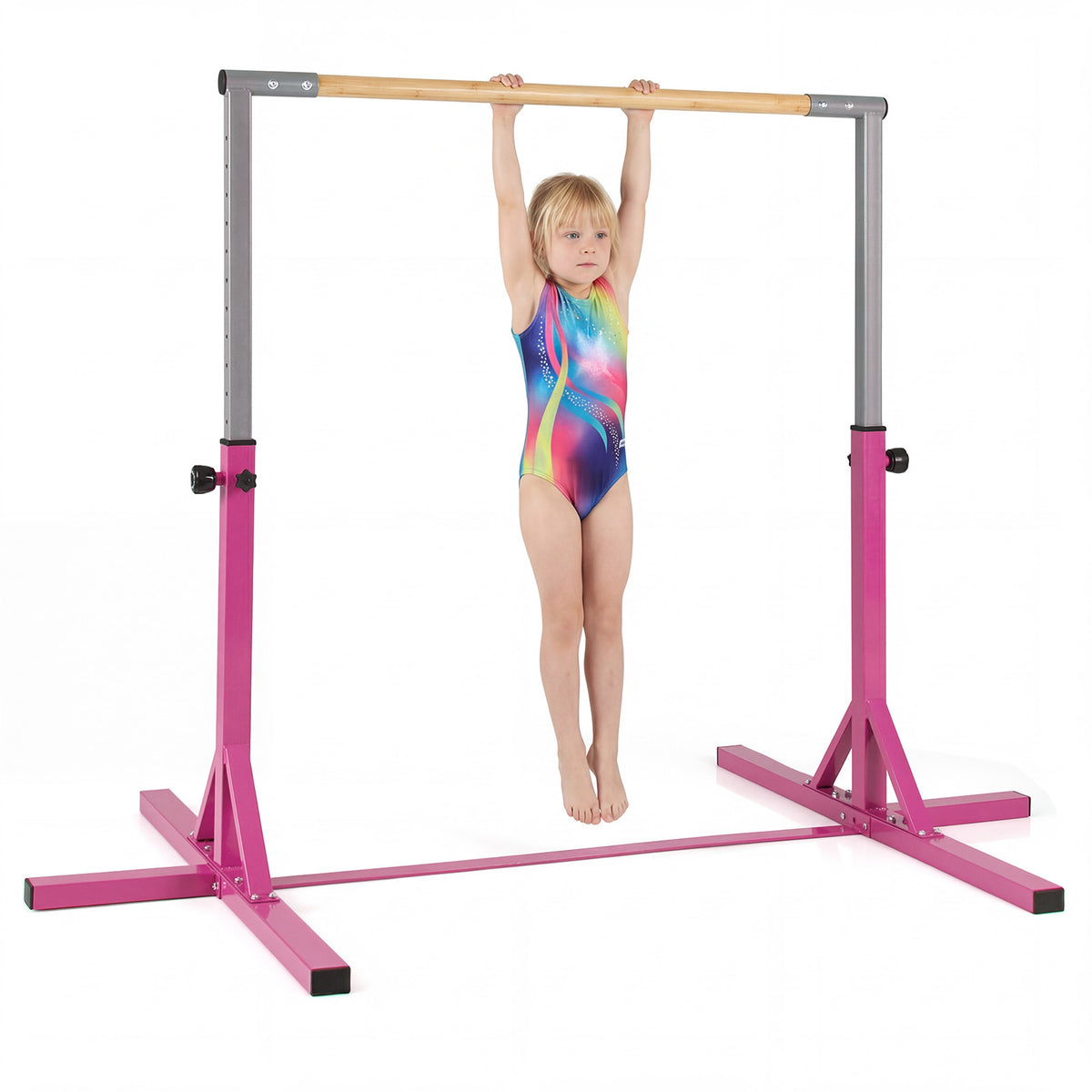 Gymnastics Bar with a young girl hanging from the wooden rail against a plain white background