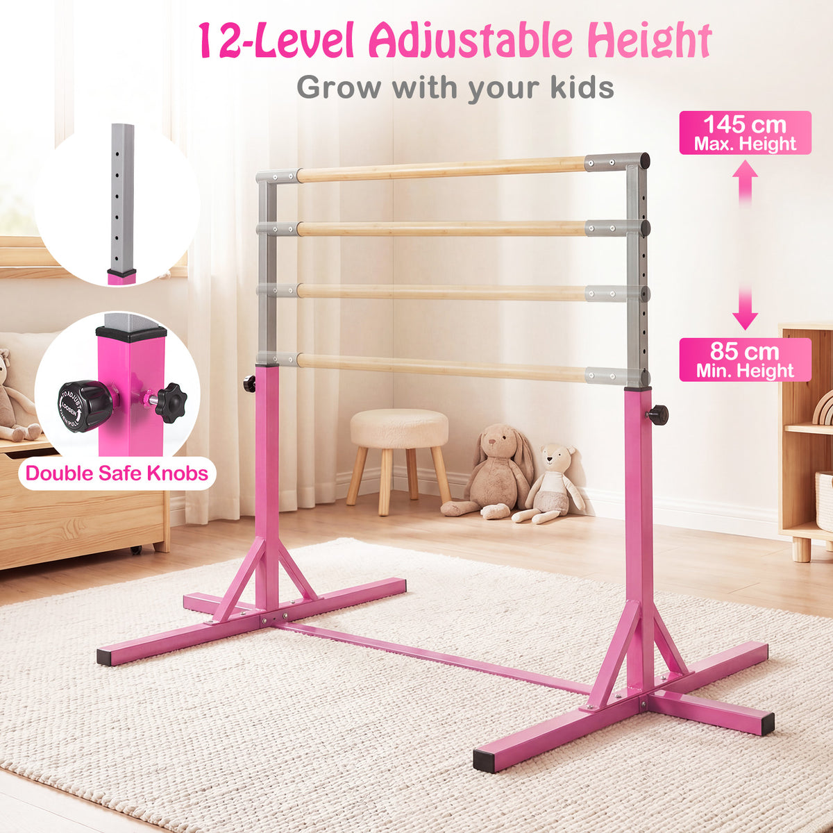 The yoga accessory showing the adjustable height mechanism with close-ups of the knobs
