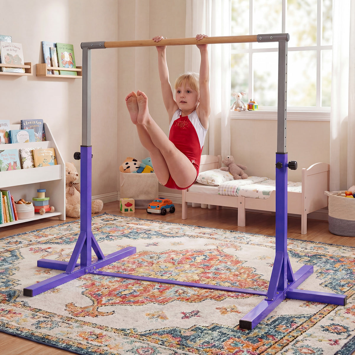 The purple horizontal bar with a child performing a tuck hold on the wooden rail