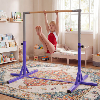 The purple horizontal bar with a child performing a tuck hold on the wooden rail