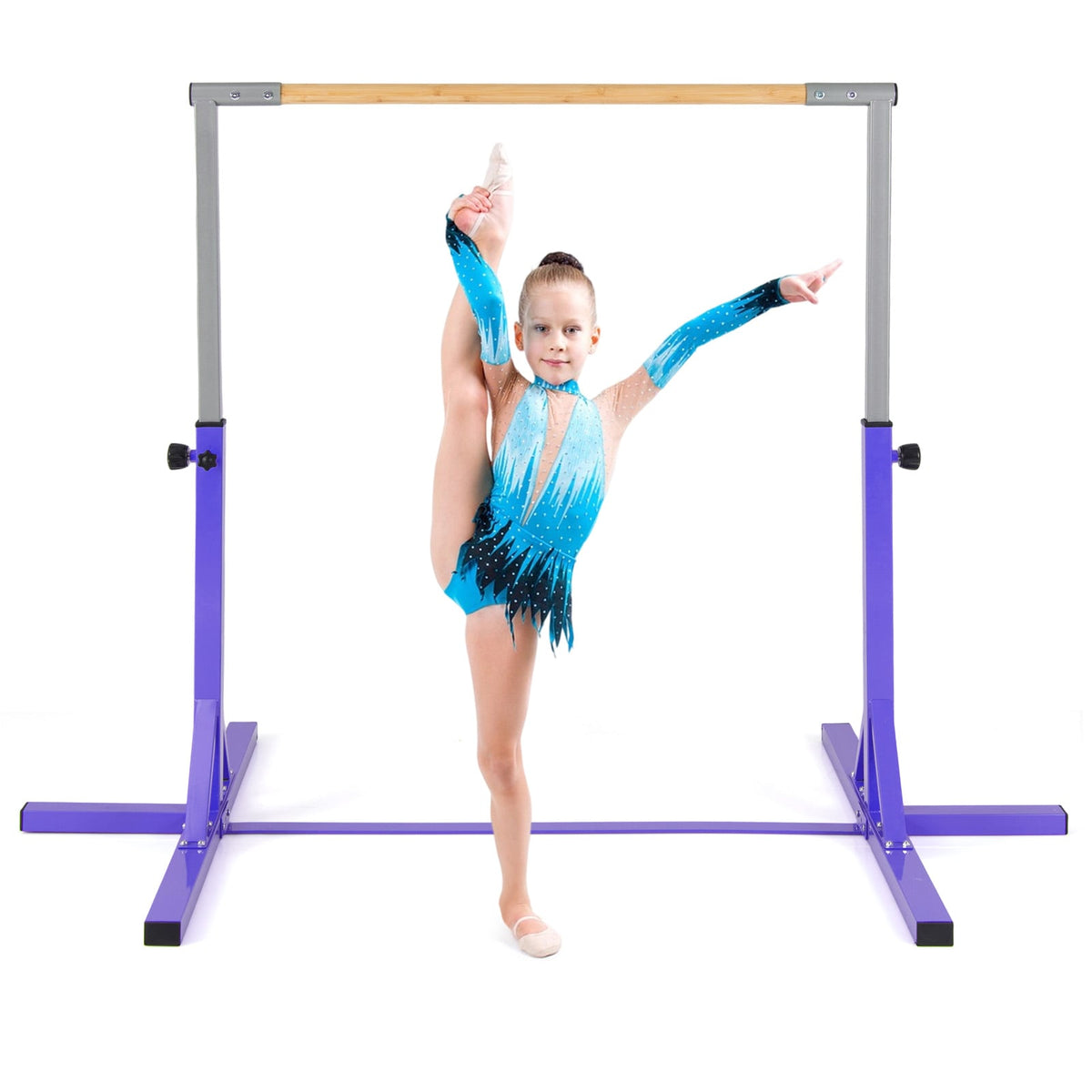 Gymnastics Bar with a young girl in a blue leotard performing a vertical split on the wooden rail