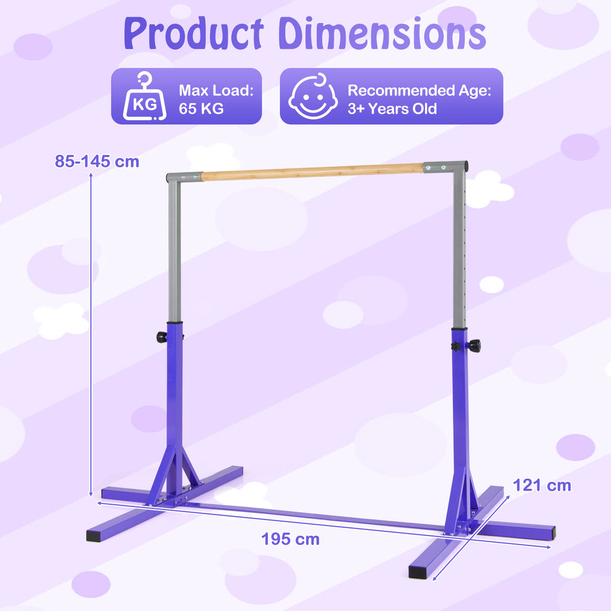 The purple horizontal bar shown with arrows and text indicating the product dimensions