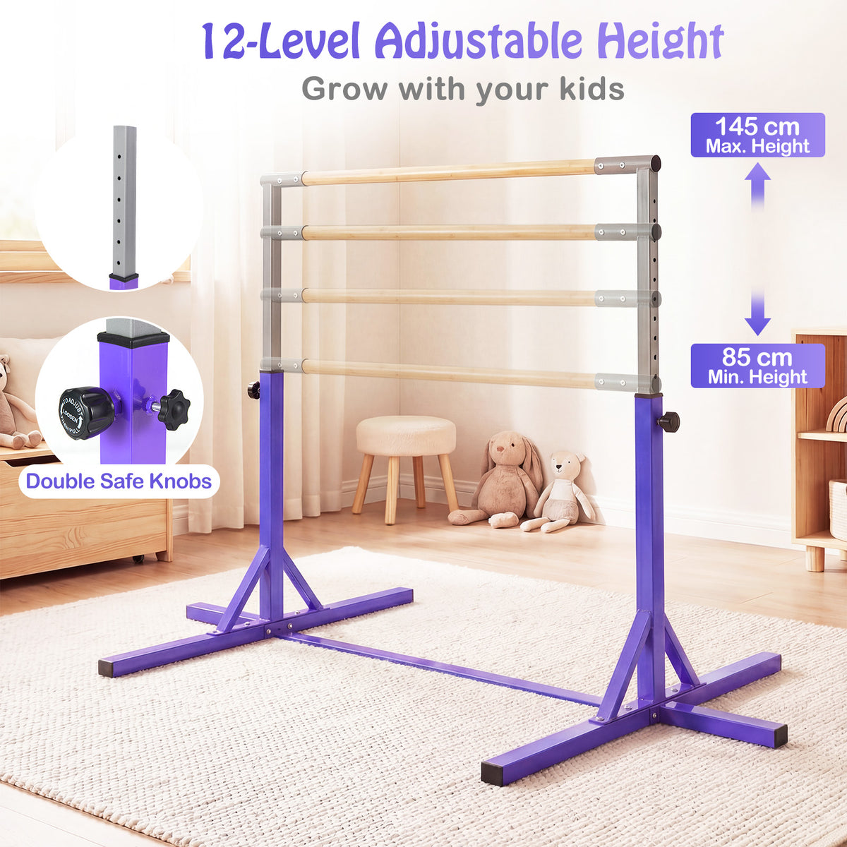 The yoga accessory showing the adjustable height mechanism with close-ups of the safety knobs