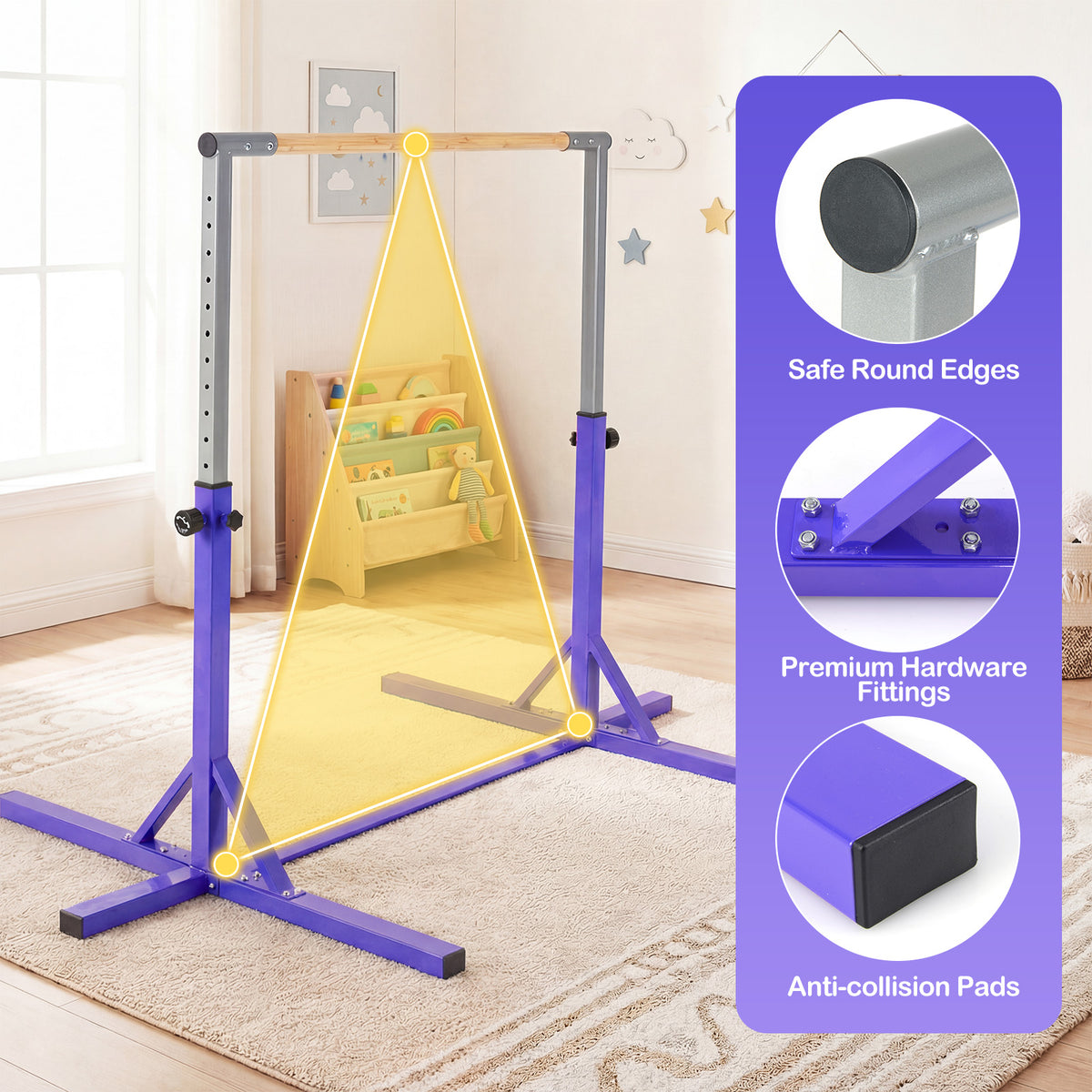 The purple horizontal bar with close-up circles highlighting the safety components