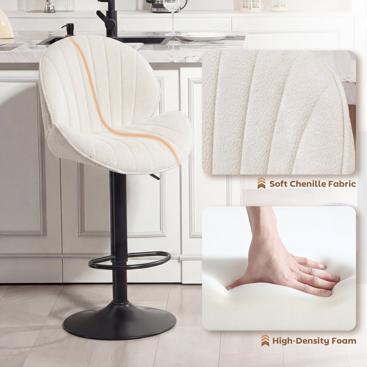 HOMCOM Bar Stools Set of 2, Swivel Barstools with Back, Adjustable Height and Footrest for Kitchen Island, Dining Room, Cream