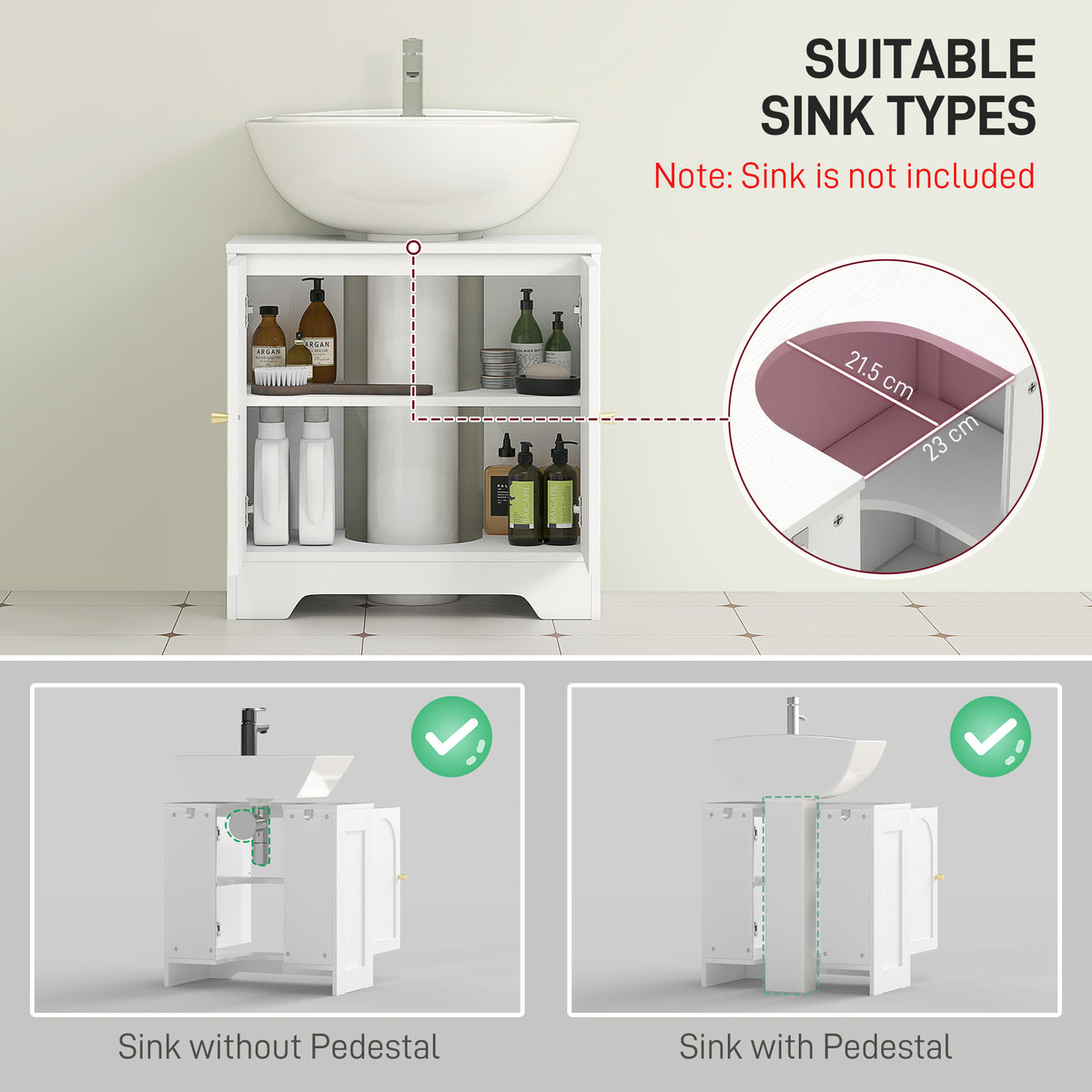 HOMCOM Under Sink Bathroom Cabinet with 2 Arch Doors - White