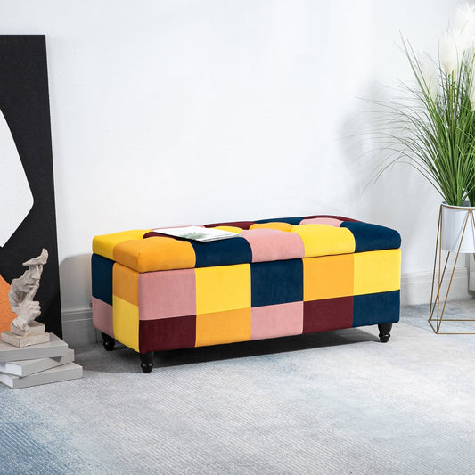 HOMCOM صندوق تخزين مخملي 114 × 47 × 47 سم، مقعد عثماني مزخرف بأزرار، صندوق ألعاب بغطاء لغرفة المعيشة وغرفة النوم، متعدد الألوان
