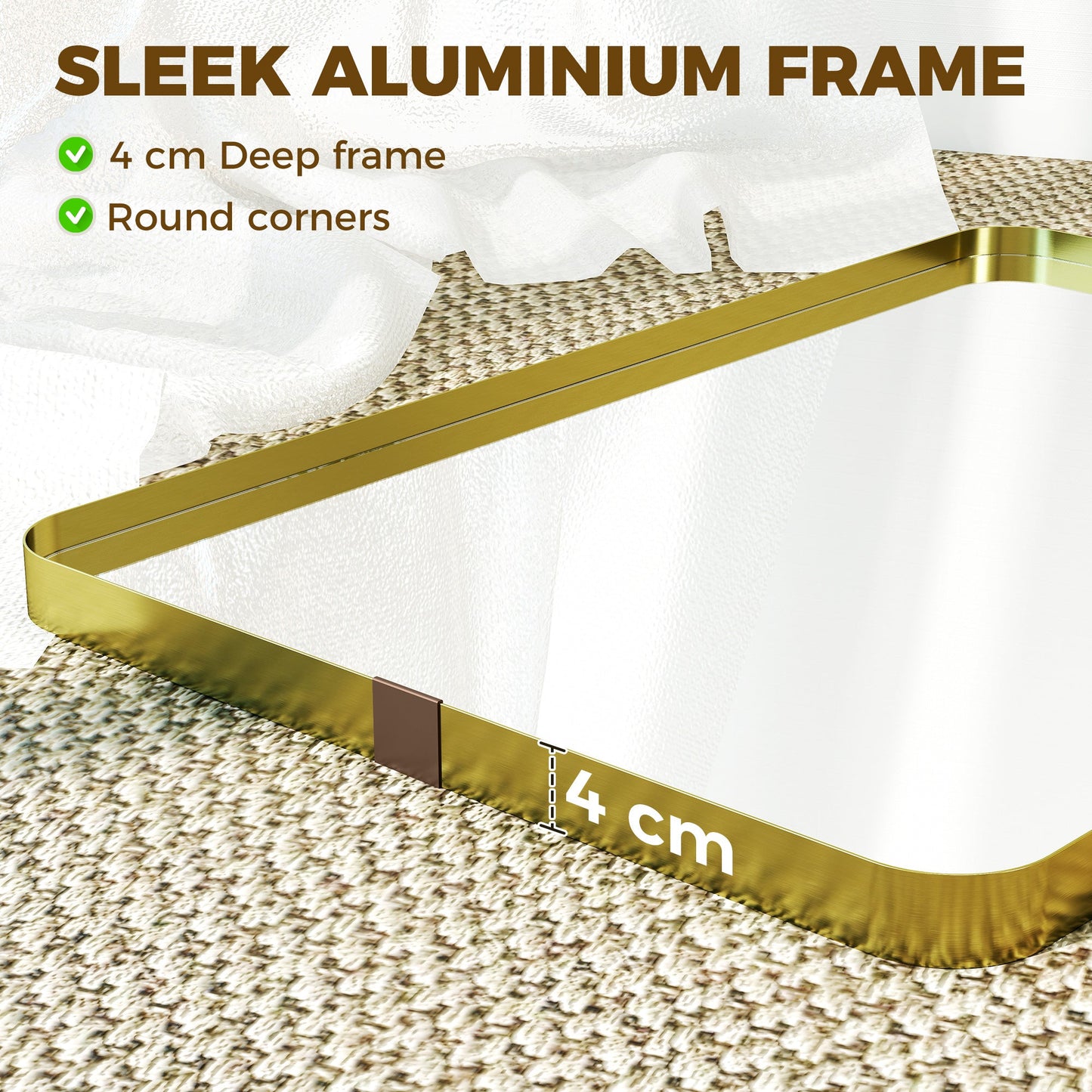 HOMCOM Rectangular Wall Mirror, 90 x 60 cm Wall Mounted Bathroom Mirror w/ Aluminium Alloy Frame and Tempered Glass, Gold Tone