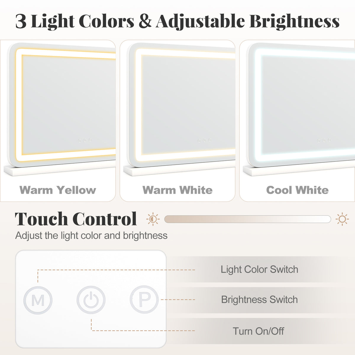 Vanity Mirror with 3 Light Colors and Removable Magnify Mirror for Makeup-White