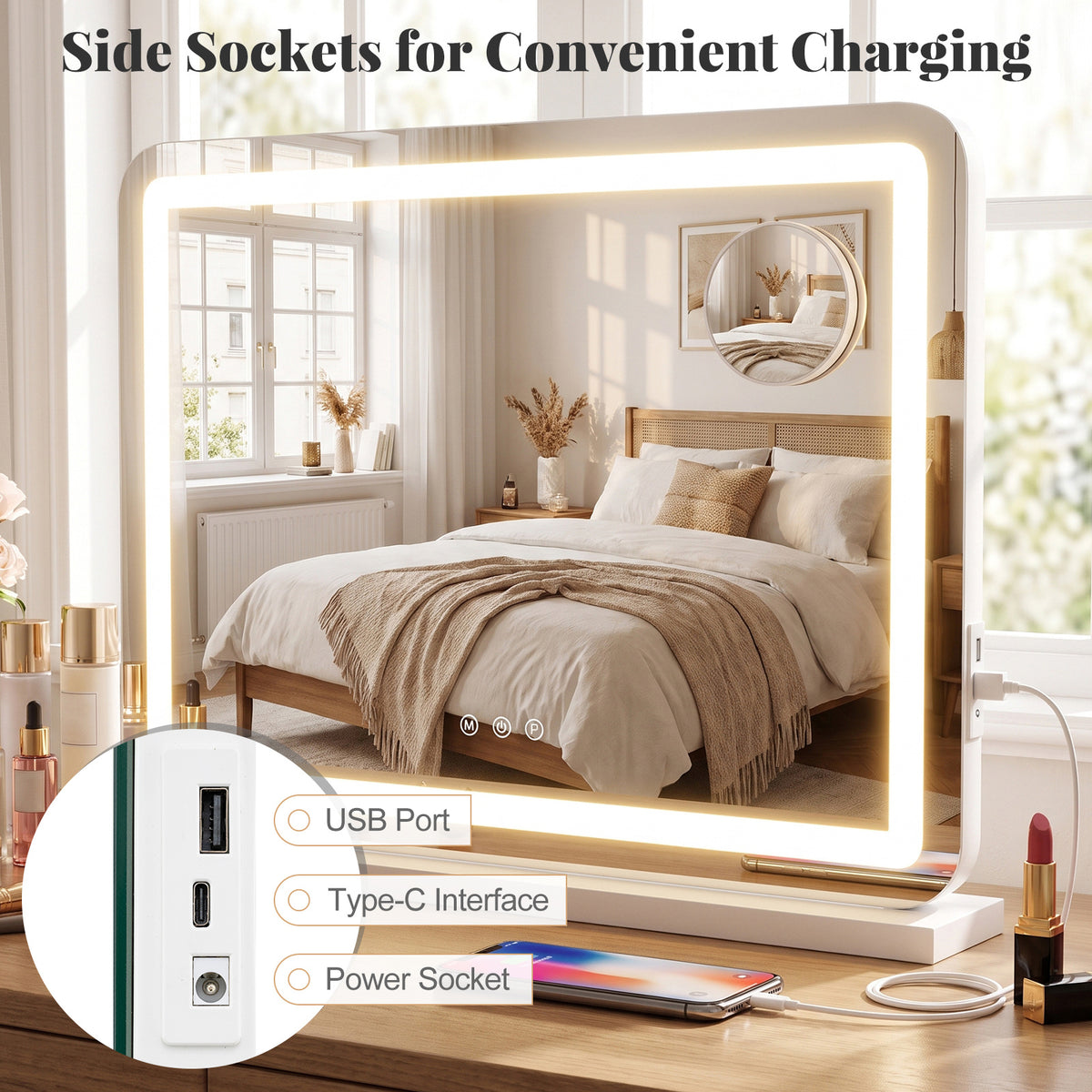Vanity Mirror with 3 Light Colors and Removable Magnify Mirror for Makeup-White