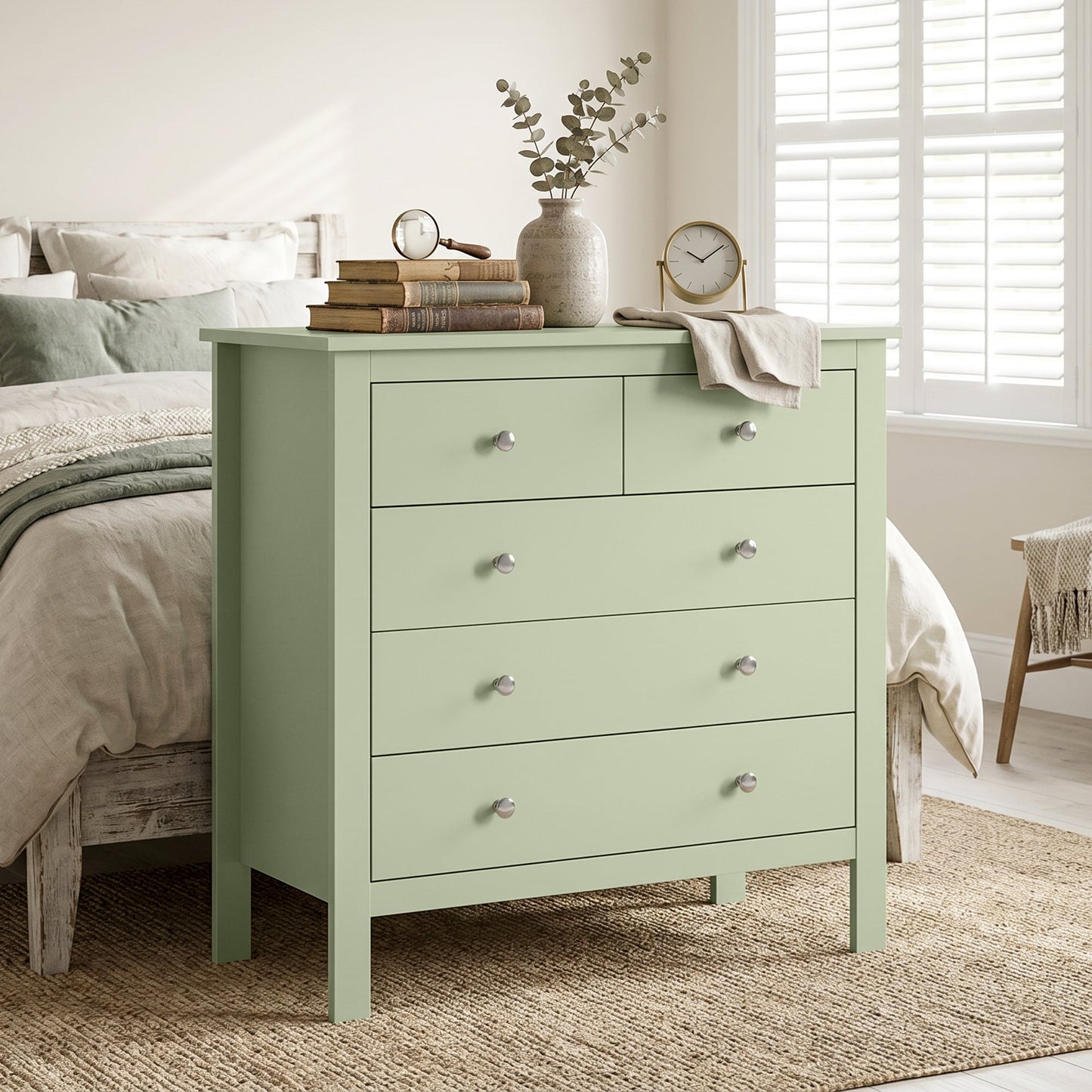 HOMCOM 5 Drawer Dresser for Bedroom, Modern Chest of Drawers, Wide Storage Unit for Living Room, Hallway, Sage Green