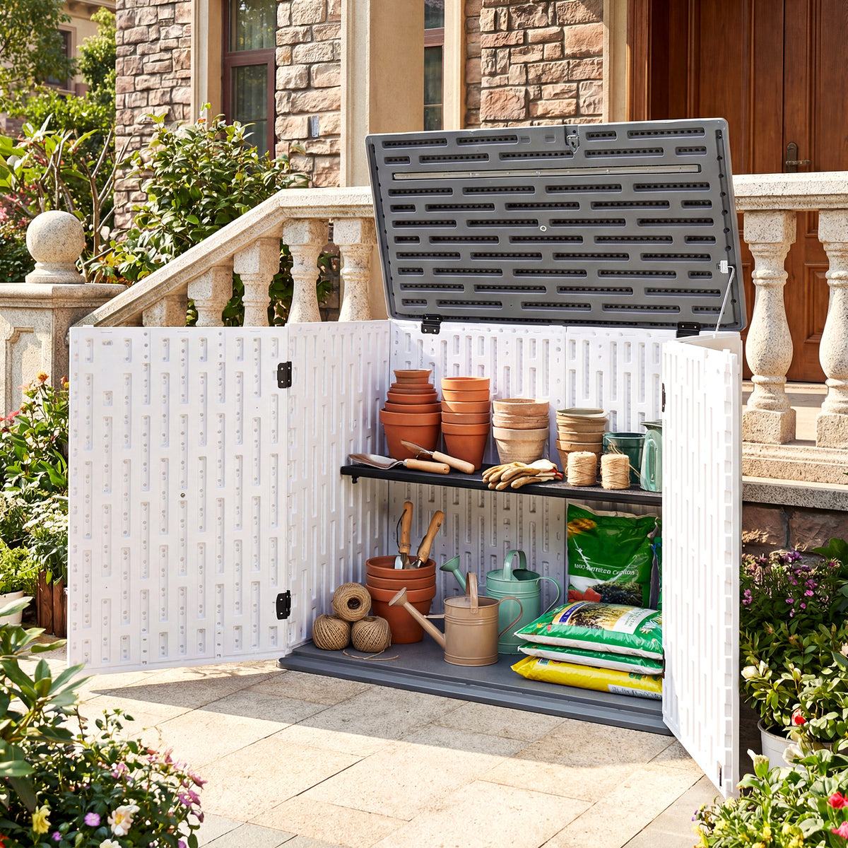 HDPE Horizontal Storage Shed with 3-Level Adjustable Shelf Lockable Lid and Doors-White