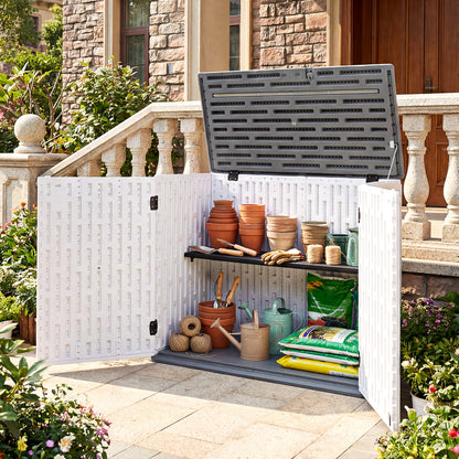 HDPE Horizontal Storage Shed with 3-Level Adjustable Shelf Lockable Lid and Doors-White