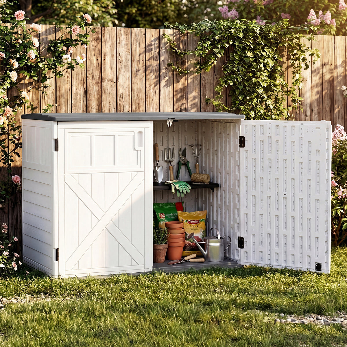 HDPE Horizontal Storage Shed with 3-Level Adjustable Shelf Lockable Lid and Doors-White