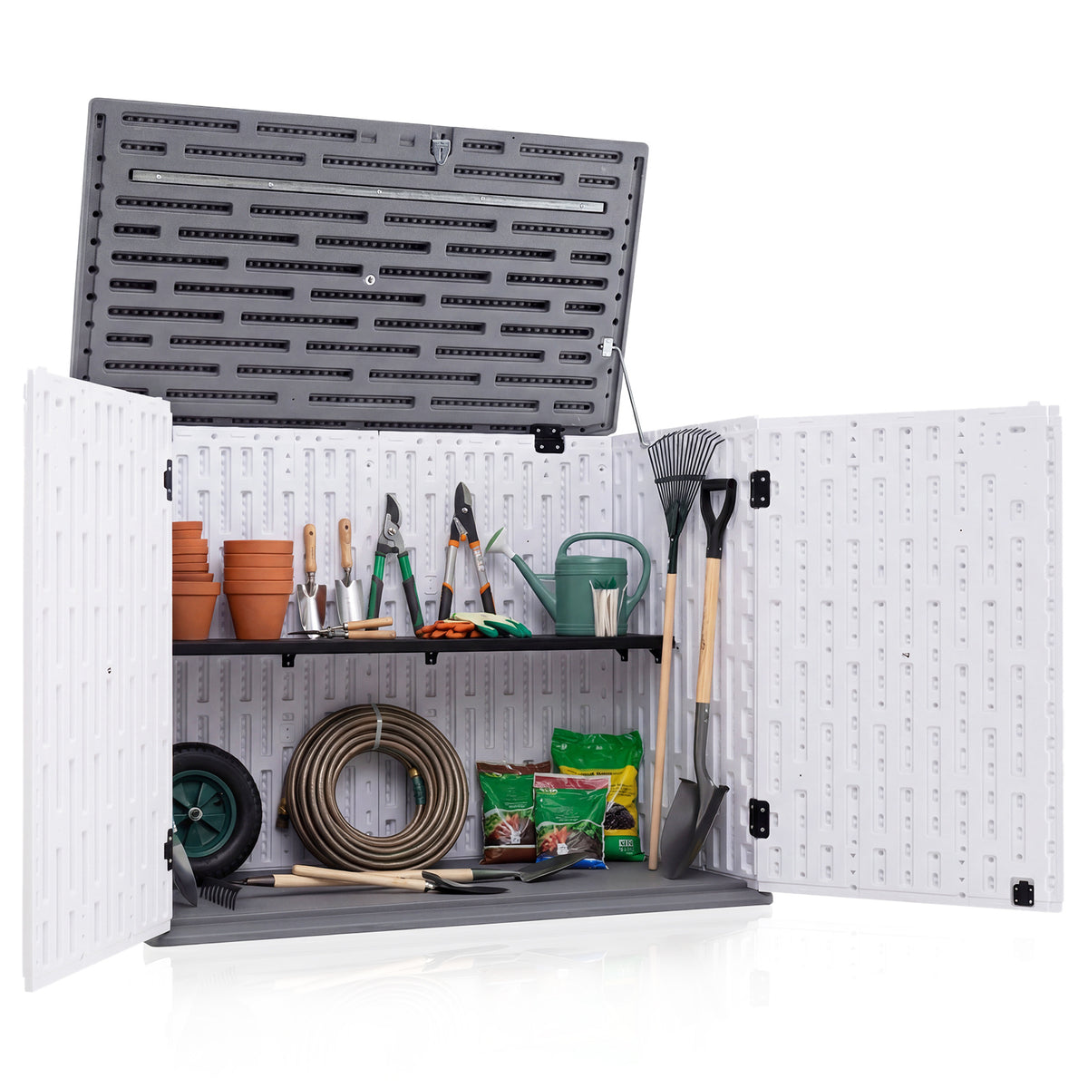 HDPE Horizontal Storage Shed with 3-Level Adjustable Shelf Lockable Lid and Doors-White