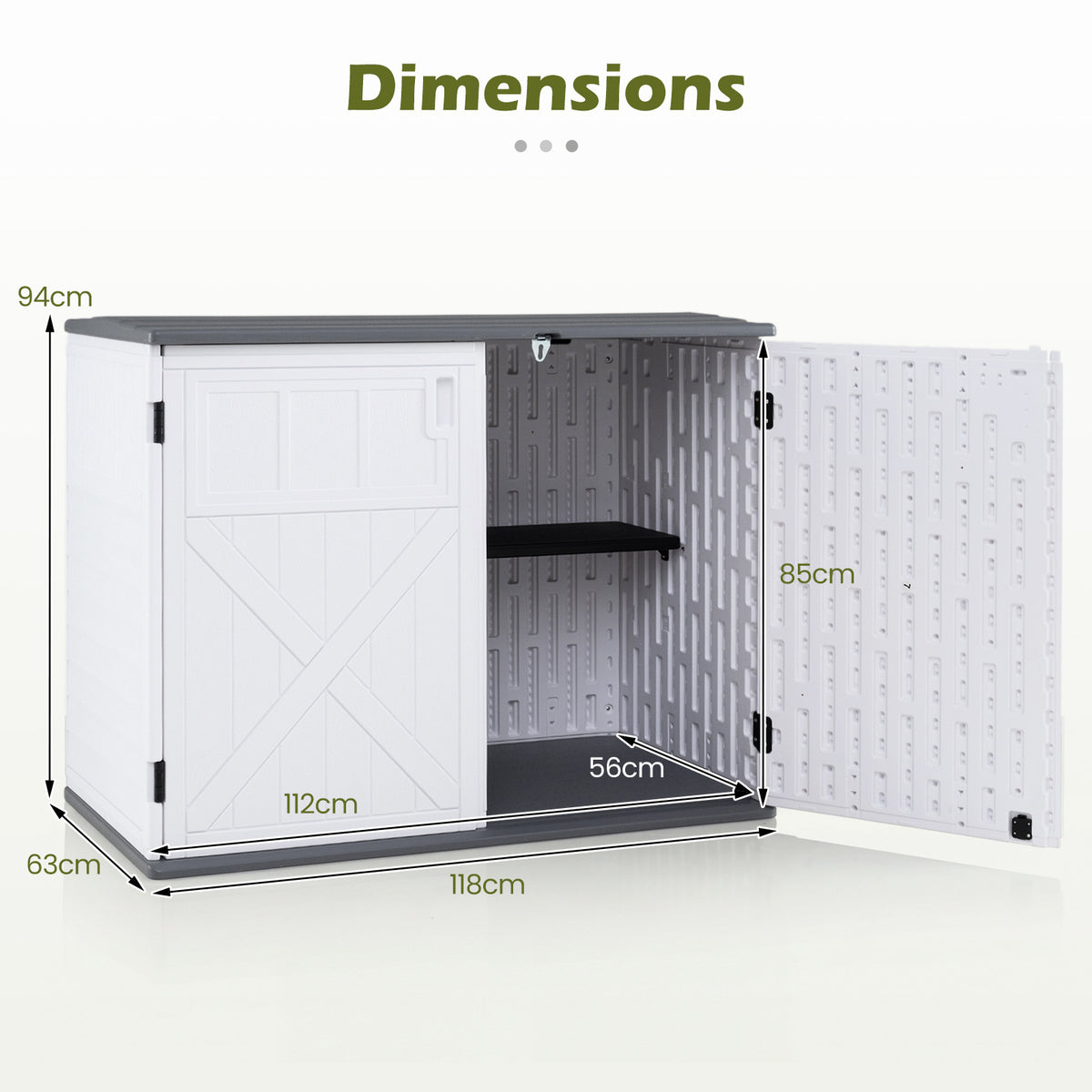 HDPE Horizontal Storage Shed with 3-Level Adjustable Shelf Lockable Lid and Doors-White