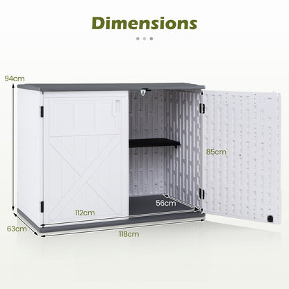 HDPE Horizontal Storage Shed with 3-Level Adjustable Shelf Lockable Lid and Doors-White