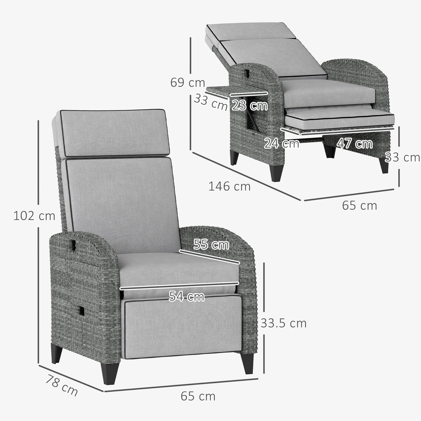 Outsunny Outdoor Recliner Chair with Adjustable Backrest and Footrest, Cushion, Side Tray, Light Grey/Grey