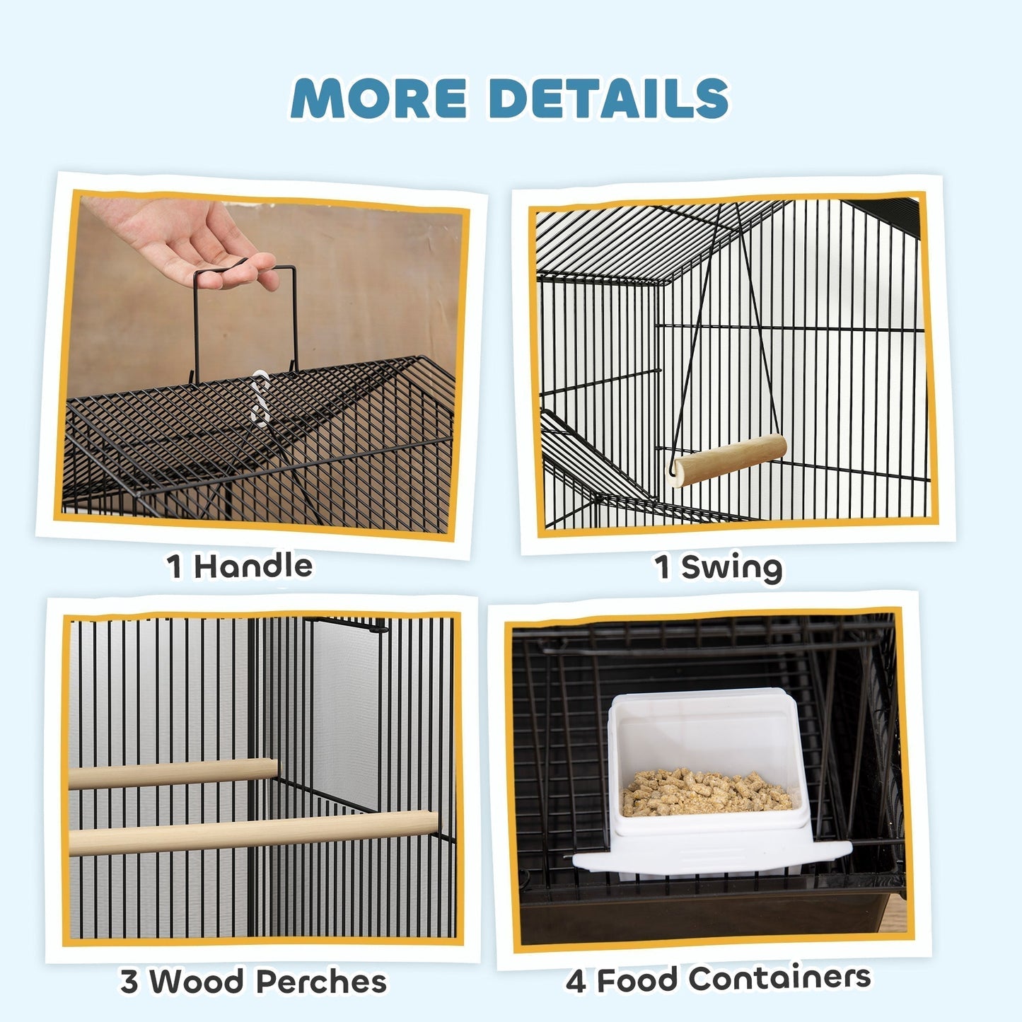 PawHut Metal Bird Cage with Plastic Swing, Perch, Food Container, Tray, Handle, for Finches, Canaries, Budgies, 43 x 32.5 x 163