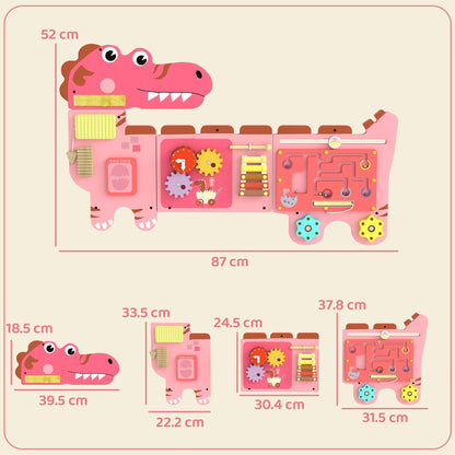 AIYAPLAY Busy Board Panels, Wall Mounted Montessori Inspired Busy Board, Toddler Learning Centre Dinosaur Theme, Pink