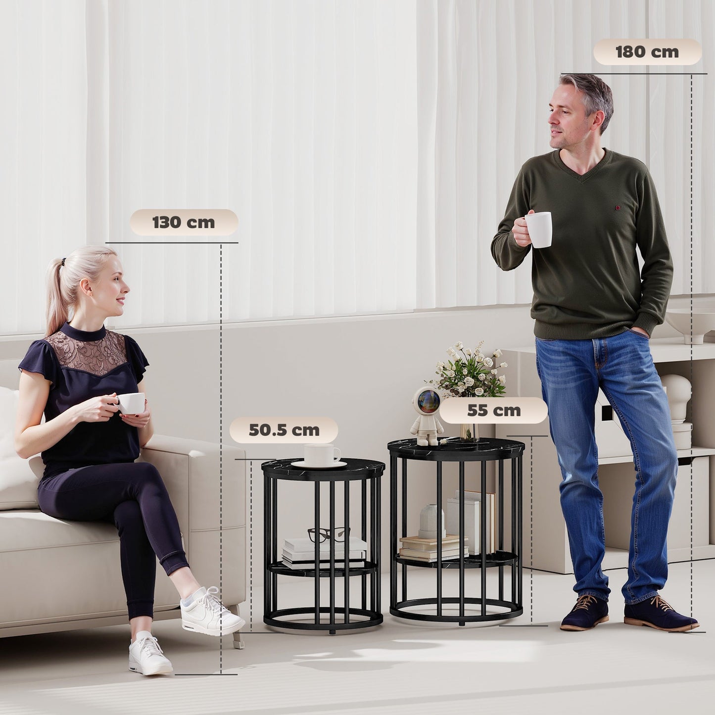 طاولات قهوة HOMCOM بتصميم رخامي، قطعتان - أسود