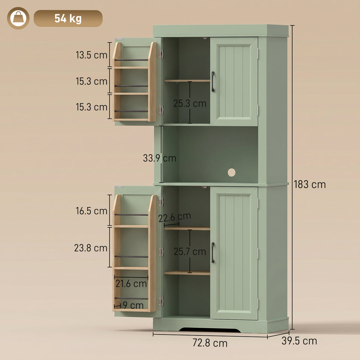 HOMCOM 183 cm Tall Kitchen Cupboard, Kitchen Cabinet with Open Countertop, Door Racks and Adjustable Shelves, Sage Green