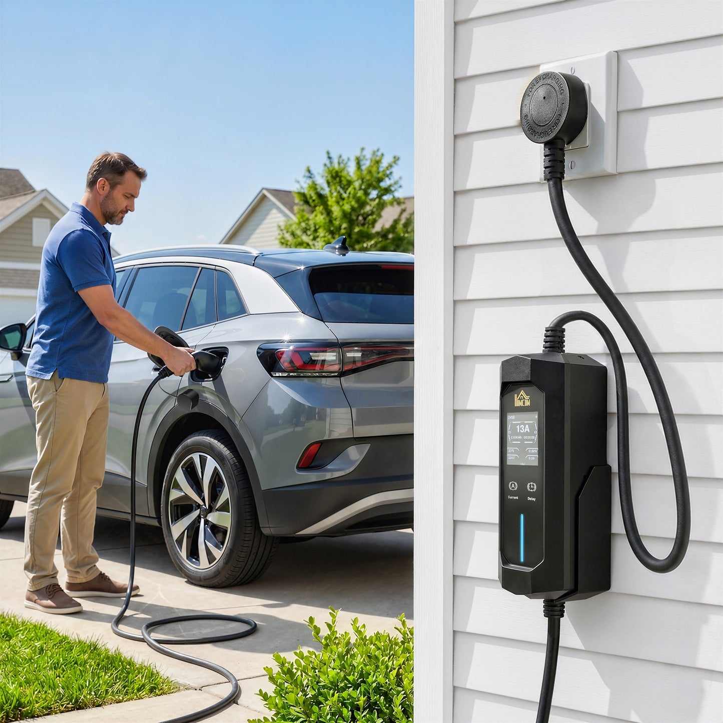 HOMCOM EV Charger Type 2 to 3 Pin Plug, 10 m, 2.8 kW, 6-13 A, Electric Car Charger Type 2 Charging Cable w/ 1-12 h Time Delay