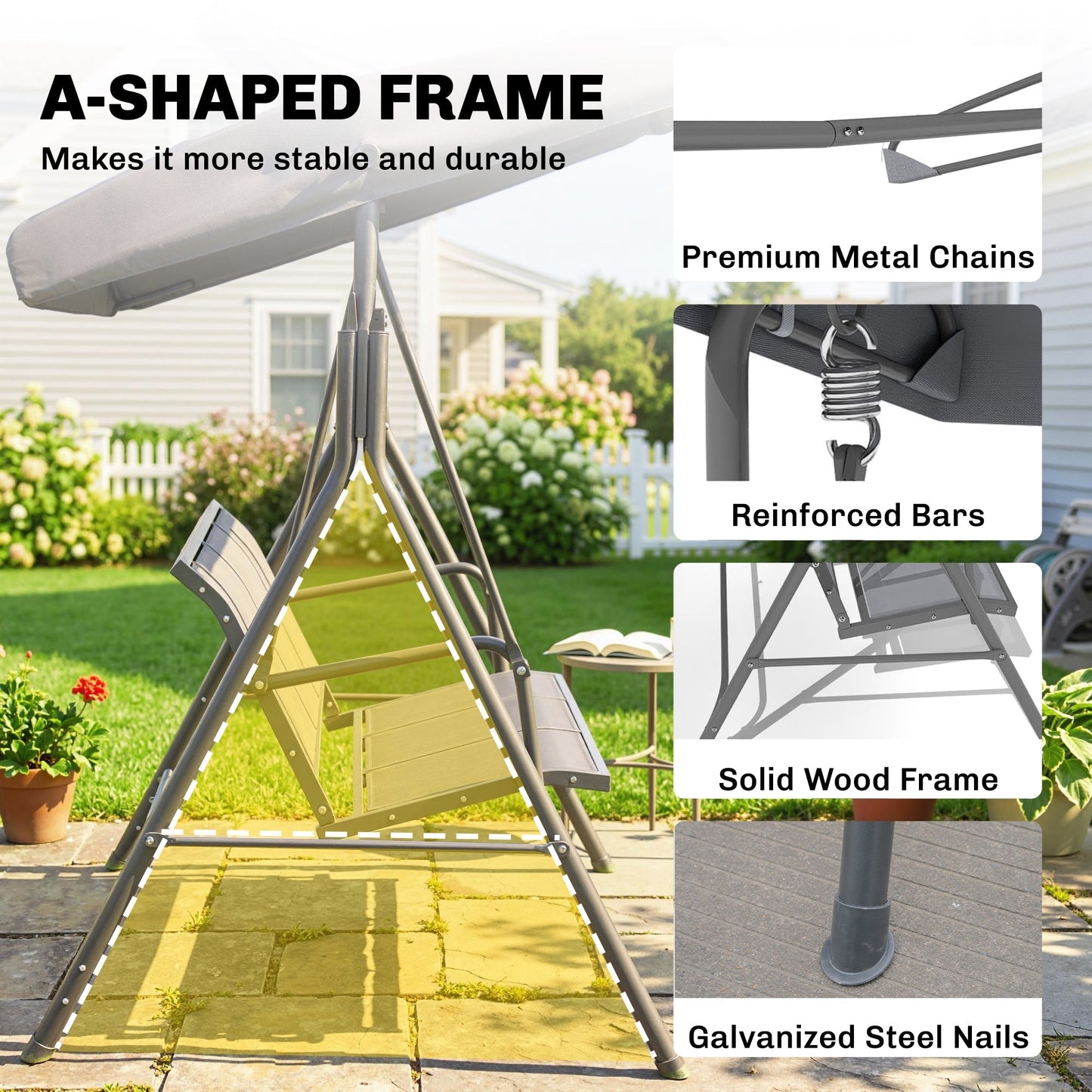 Outsunny 3 Seater Swing Chair, Garden Swing Bench with Adjustable Tilting Canopy, Breathable Mesh Seat and Heavy Duty Steel Frame for Patio, Garden, Grey