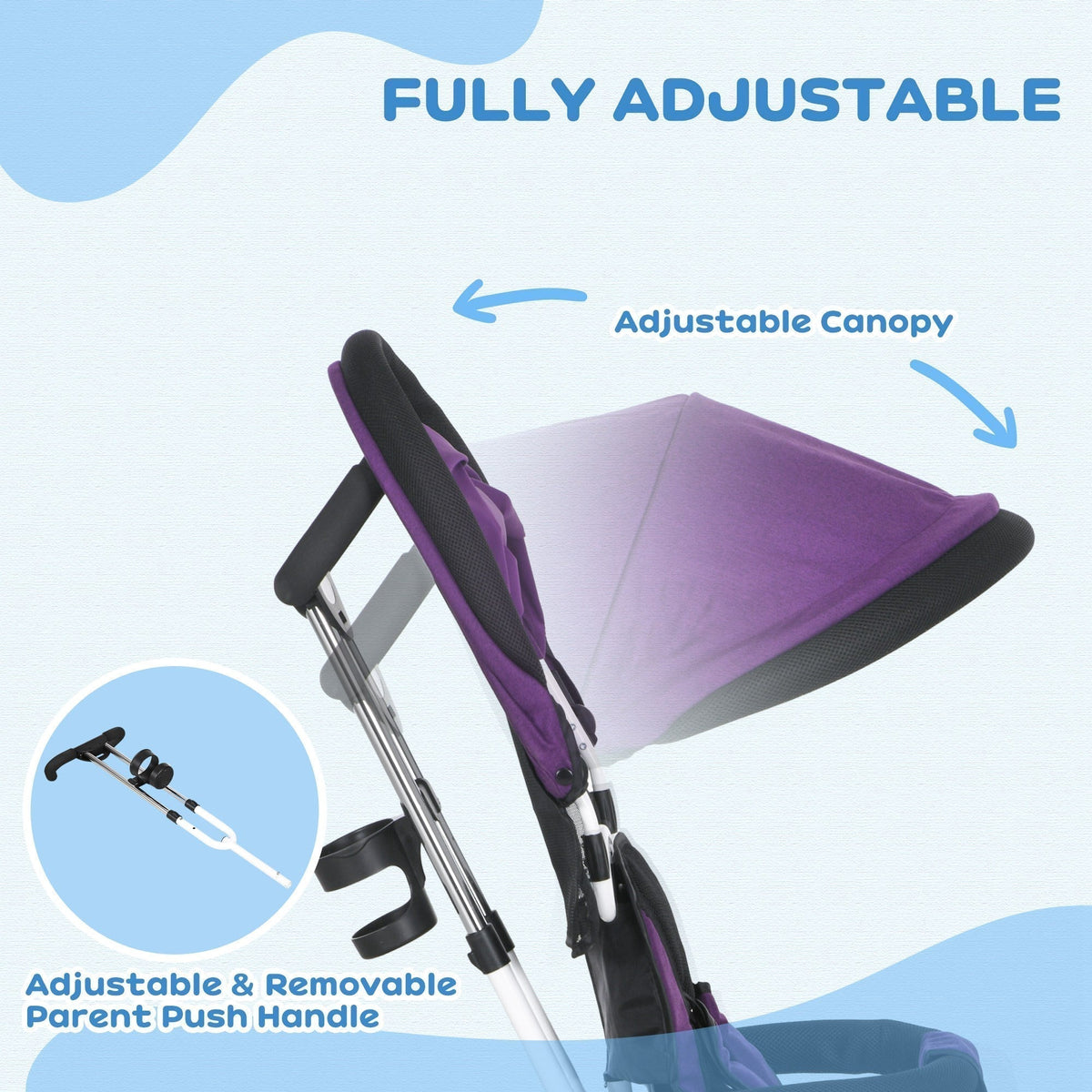 HOMCOM 6 in 1 Kids Trike Push Bike w/ Push Handle, Canopy, 5-point Safety Belt, Storage, Footrest, Brake, for 1-5 Years, Purple