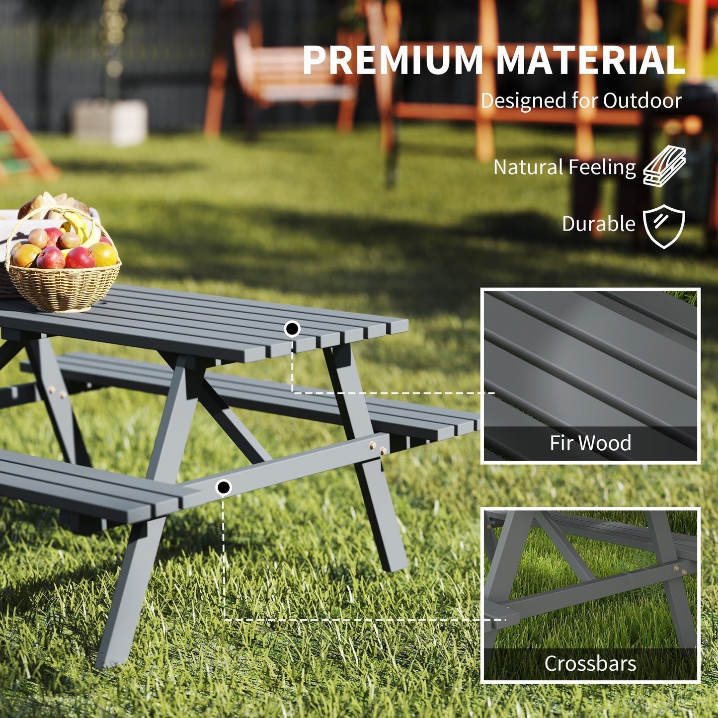 Outsunny 6 Seater Wooden Picnic Table Bench for Outdoor Garden or Patio with Parasol Cutout 150 cm Grey