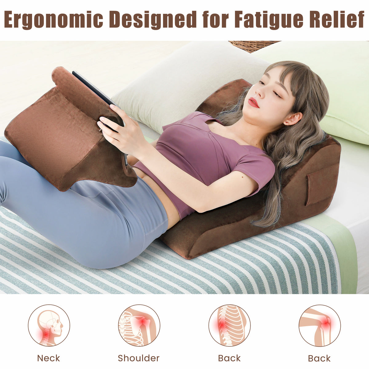 Wedge Pillow Set with Tablet Pillow Stand and SidePockets-Brown