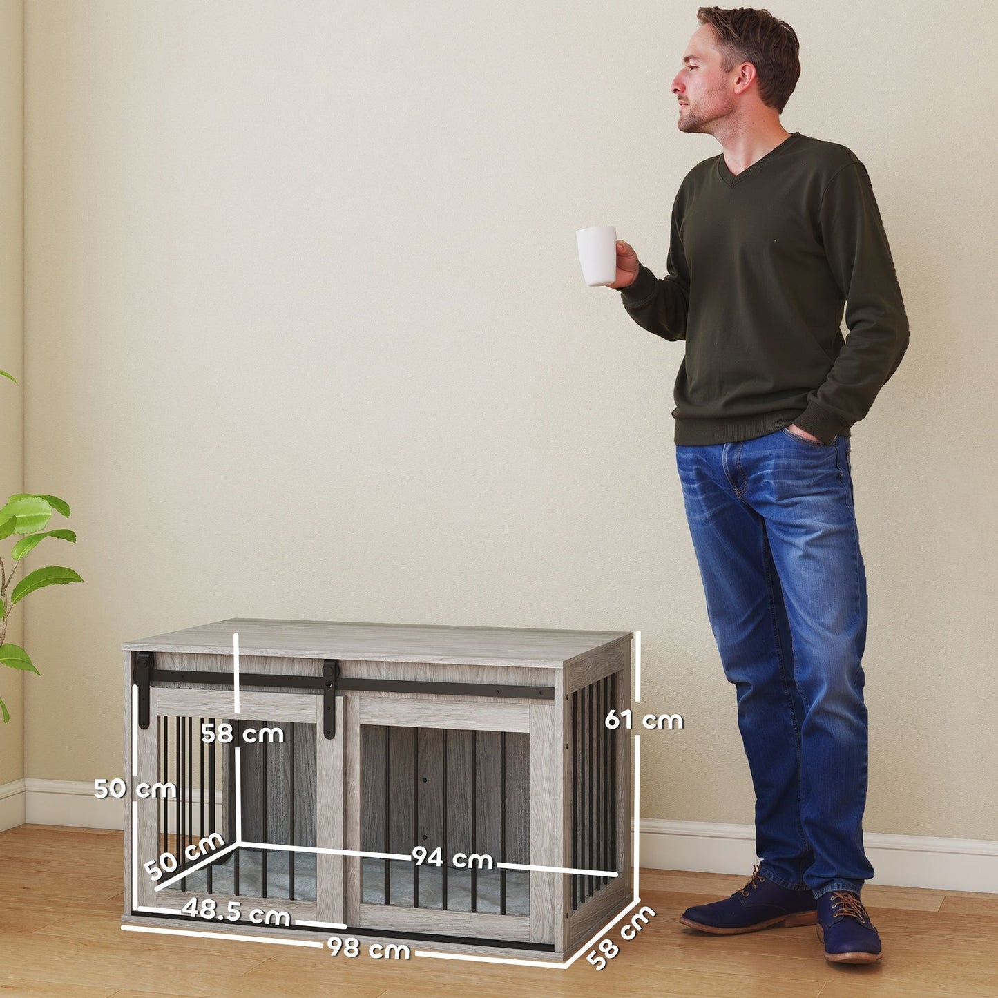 PawHut 98cm Dog Crate Furniture with Removable Cushion for Large Dogs - Grey