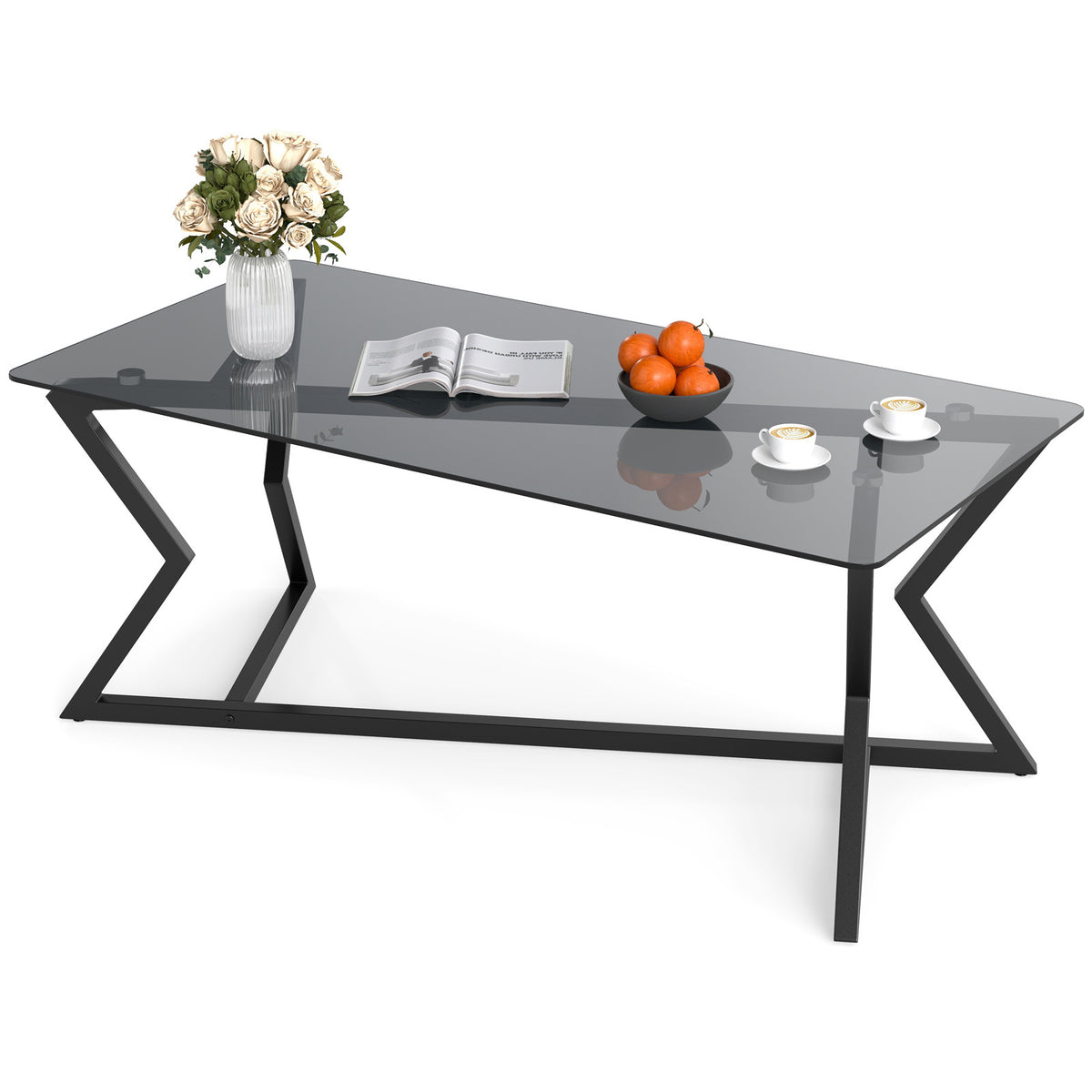 Rectangular Glass Coffee Table with Tempered Top and Metal Frame for Living Room-Grey&Black