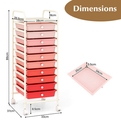 10 Drawers Mobile Storage Trolley with 4 Wheels for Beauty-Pink