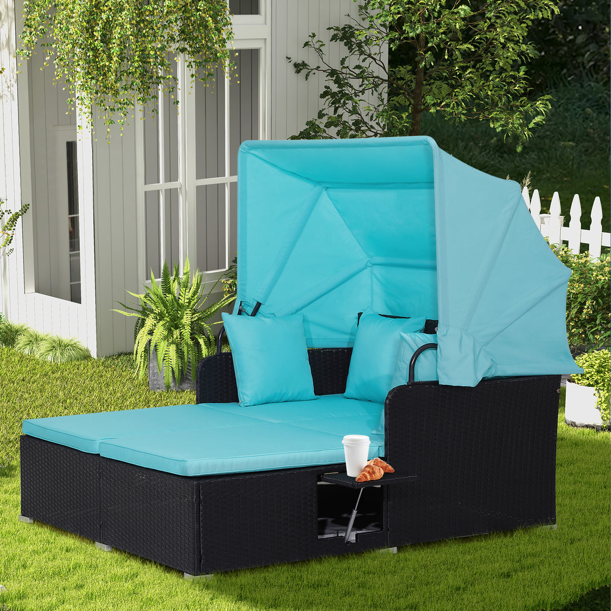 Garden Rattan Daybed with Retractable Canopy and Cushions-Turquoise