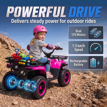 AIYAPLAY 12V Kids Electric Quad Bike, Ride on ATV with Dual Motors, Soft Start, Storage, Music, Lights for 3-8 Years, Pink